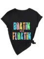 T-shirt femme décontracté à col V et manches courtes avec imprimé amusant et nœud latéral tendance. - S / Hauts / Noir