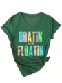 T-shirt femme décontracté vert col V manches courtes avec impression amusante - S / Hauts / Vert Vintage