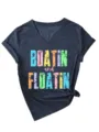 T-shirt décontracté pour femme à col V et manches courtes avec impression et nœud. - S / Hauts / Bleu Marine