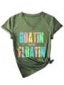 T-shirt femme décontracté vert col V à manches courtes avec imprimé et nœud latéral. - S / Hauts / Vert olive