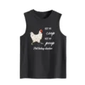 Close-up view of the funny chicken graphic and quote detail on the dark grey sleeveless tank top. - S / Tops / Dark Gray