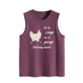 Detailed view of the purple novelty tank top featuring a fun chicken print and slogan text. - Fuschia