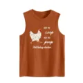 Women casual funny slogan print sleeveless tank top brown loose fit summer apparel detail view - Burnt Orange