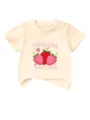 Cute strawberry print detail on the soft cream kids short sleeve t-shirt close up view. - Apricot