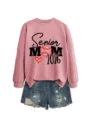 Femme mode senior maman 2026 graphique imprimé sweat-shirt décontracté avec short en jean - S / Hauts / Or Rose (Imprimé Noir)