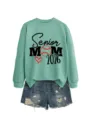 Sweat-shirt à manches longues vert menthe avec impression baseball Senior MOM 2026, haut décontracté. - S / Hauts / Vert Clair (Imprimé Noir)