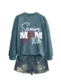 Sweat-shirt manches longues senior mom 2026 assorti à un ensemble de mini-short en denim. - S / Hauts / Bleu (Impression Blanche)