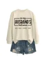 Lässiger Damen Rundhals Pullover und Jeansshorts Set mit lustigem Buchstaben Print für Herbst. - S / Oberteile / Sandfarbenes Sweatshirt (Schwarze Schrift)