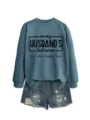 Lässiger blau-grau Pullover mit lustigem Spruch und stylischen Destroyed Jeansshorts für Damen. - S / Oberteile / Blaues Sweatshirt (Schwarze Schrift)