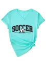 T-shirt Femme Col V Manches Courtes Imprimé Soccer Mom Haut Turquoise Mode Tendance - Bleu Eau Profonde (Graphiques Noirs)
