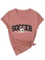 T-shirt Femme Col V Manches Courtes Imprimé Soccer Mom Haut Casual avec Nœud Ourlet - Or Rose (Impression Blanche)