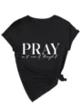 Donna Nero Scollo V Maniche Corte T-Shirt Casual Lettera Stampa Nodo Moda Top Elegante - Taglia S / Top / Nero