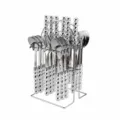 Set de couverts en acier inoxydable 24 pièces avec support, couteau fourchette cuillère. - Service 24 pièces 1,2 mm poli à la machine avec manche à sept billes, support et boîte en PVC (couleur naturelle)