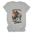 Maglietta grigia casual da donna con stampa grafica western di cactus e scollo rotondo. - Taglia S / Top / Grigio chiaro