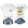 Süßes Damen V-Ausschnitt Kurzarm T-Shirt mit Schule war Spaß Sonnen-Druck Sommer Top - S / Oberteile / Weiß