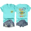 Damen süßer Buchstabe Druck Kurzarm V-Ausschnitt T-Shirt Freizeit Sommer Top mit Shorts - S / Oberteile / Tiefwasserblau