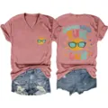 Süßes Sommer Damen V-Ausschnitt Kurzarm T-Shirt mit lustigem Sonnen-Grafikdruck für Damen. - S / Oberteile / Roségold