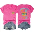 Damen V-Ausschnitt Kurzarm T-Shirt mit Retro Sonne Druck, Freizeit Sommer Oberteil. - S / Oberteile / Fuchsia