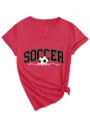 Femme Col V Manches Courtes T-Shirt Graphique Maman de Foot Ourlet Noué Haut Casual - Rouge