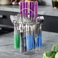 24-teiliges Edelstahl Besteckset mit bunten Keramikgriffen und praktischem Ständer - 24-Teiliges Set mit Halter