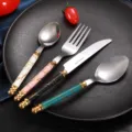 Stainless steel cutlery set with marble pattern handle western tableware table knife fork spoon - 4-Piece Set (Knife Fork Big Small Spoon) / Card Header Bag / Steel Color