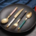 Luxury stainless steel flatware set with marble handle gold tableware for kitchen dining. - 4-Piece Set (Knife Fork Big Small Spoon) / Card Header Bag / Titanium Plated