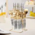Stainless steel cutlery set with gold finish, black white ink splatter handles, storage rack - 24-Piece Set with Knife Holder