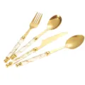 Stainless steel flatware set with marble pattern handles and gold finish table knife fork spoon. - White Marble Pattern 4-Piece Set