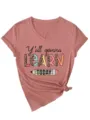 Modisches Damen V-Ausschnitt Kurzarm T-Shirt mit trendy Grafikdruck und Knotendetail. - Roségold (Schwarze Grafik)