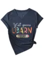 Damen stilvolles V-Ausschnitt Kurzarm T-Shirt mit Buchstaben Druck und Seitenknoten. - Marineblau