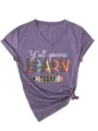 Damen lässiges V-Ausschnitt Kurzarm T-Shirt mit lustigem Grafikprint und Knotensaum. - Lila