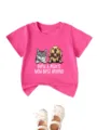 Close-up of cute cat and dog cartoon print on bright pink short sleeve kids t-shirt detail. - 90cm / Tops / Rose Red