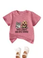 Cute cartoon cat and dog graphic kids short sleeve t-shirt with lovely pink melange cotton fabric. - Peach