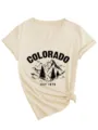 Colorado Est 1876 Berg Grafik V-Ausschnitt Kurzarm T-Shirt Damen Freizeit Oberteil - S / Oberteile / Sandfarben
