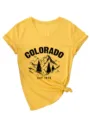 Damen Vintage Colorado Berg Grafik V-Ausschnitt Kurzarm lässiges Knoten T-Shirt top - S / Oberteile / Gelb