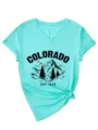Damen lässiges V-Ausschnitt Kurzarm T-Shirt mit Colorado Berg Druck, modisches Top. - S / Oberteile / Tiefwasserblau