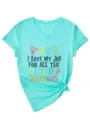 Turquoise V-neck women short sleeve t-shirt close up detail featuring cute kids print. - S / Tops / Deep Water Blue