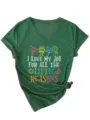 Green V-neck short sleeve t-shirt detail featuring fun cartoon graphic and node design. - S / Top (3812) / Vintage Green