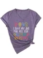 Detail view of purple V-neck t-shirt with funny teacher job slogan and cute graphic print. - S / Tops / Purple