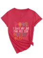 Women v neck short sleeve t shirt casual summer top with funny print detail and side knot design - S / Tops / Red