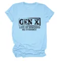 Light blue short sleeve t-shirt detail showing chest graphic slogan text gen x memories. - S / Tops / Light Blue (Black Letters Multicolor Graphic)