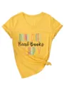 Damen V-Ausschnitt Kurzarm Gelbes T-Shirt mit Buchstaben Druck Knoten Saum Detail Top - S / Oberteile / Gelb