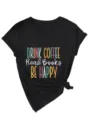Lssige Damen V-Ausschnitt Kurzarm schwarzes T-Shirt mit Knotensaum und Buch Druck. - Oberteile / Schwarz / S