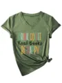 Bequemes stylisches olivgrünes Damen V-Ausschnitt Kurzarm T-Shirt mit Buchstabe Druck. - Oberteile / Olivgrün / S