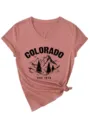 Colorado Est 1876 Berg Druck V-Ausschnitt Kurzarm Knoten T-Shirt Damen Casual Oberteile - S / Top-Schwarzer Druck (3812) / Roségold