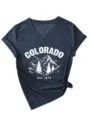 Damen V-Ausschnitt Kurzarm T-Shirt Lässiges Sommer Top Colorado Berg Grafik Shirt - S / Oberteil (3812) / Marineblau
