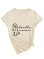 Casual women v-neck short sleeve t-shirt featuring cute doodle dog graphic and tie knot. - S / Tops / Sand