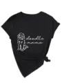 Black V-neck short sleeve women T-shirt featuring cute doodle dog and letter print. - S / Tops / Black
