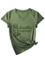 Green v-neck short sleeve t-shirt detail with cute doodle dog graphic print top. - S / Tops / Olive Green (Black Font)