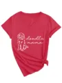Women Doodle Mama Dog Graphic Print V-Neck Short Sleeve Casual Red Cotton T-Shirt - S / Tops / Red (White Font)